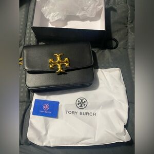 Tory Burch Black Leather Bag with Gold Emblem
